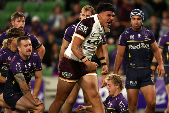 Ben Te Kura celebrated his Brisbane Broncos debut with a late try against the Melbourne Storm.