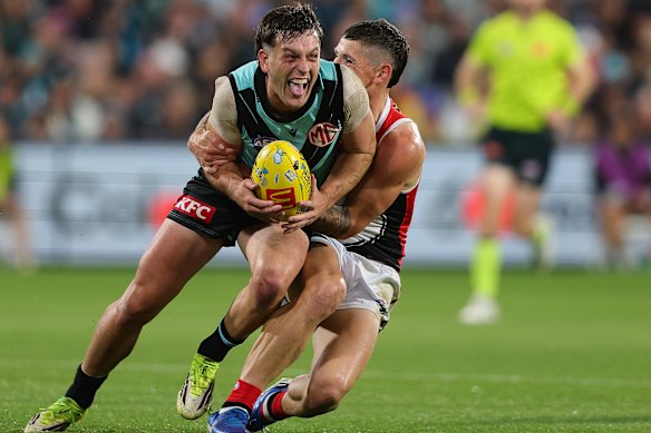 Handed a fine: Port Adelaide star Zak Butters was dumbfounded when the umpire paid a 50-metre penalty against him on Sunday. The incident has sparked a furore. 