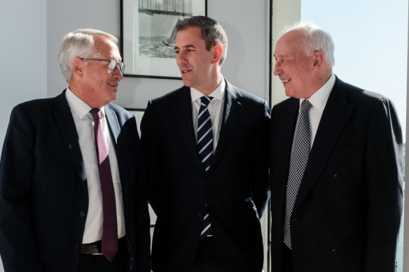 Wayne Swan, Jim Chalmers and Paul Keating at a roundtable at Visy boss Anthony Pratt’s apartment last year.