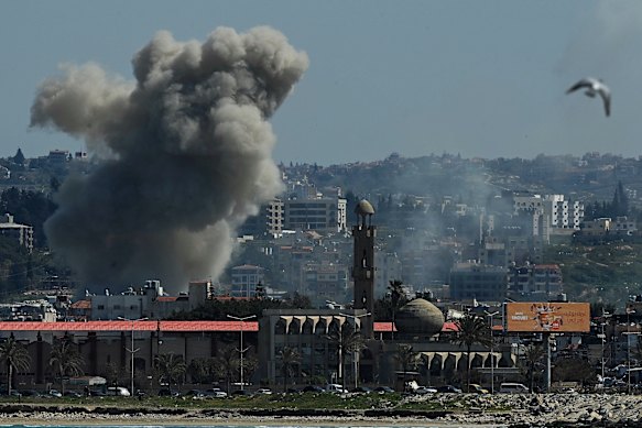 Smoke rises after an Israeli strike in the UNESCO heritage listed city of Tyre in southern Lebanon. 