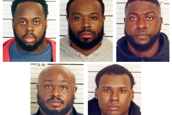 The five officers charged. From top row from left, Tadarrius Bean, Demetrius Haley, Emmitt Martin III, bottom row from left, Desmond Mills, jnr and Justin Smith.