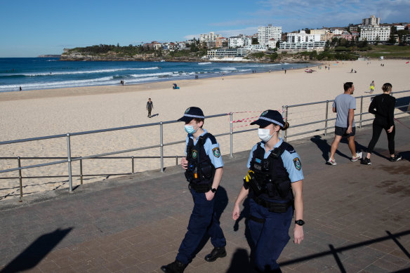 Police patrol Bondi Beach on July 20.