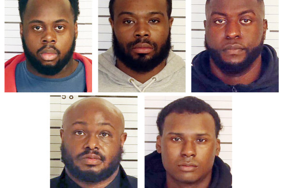 The five officers charged. From top row from left, Tadarrius Bean, Demetrius Haley, Emmitt Martin III, bottom row from left, Desmond Mills jnr and Justin Smith.