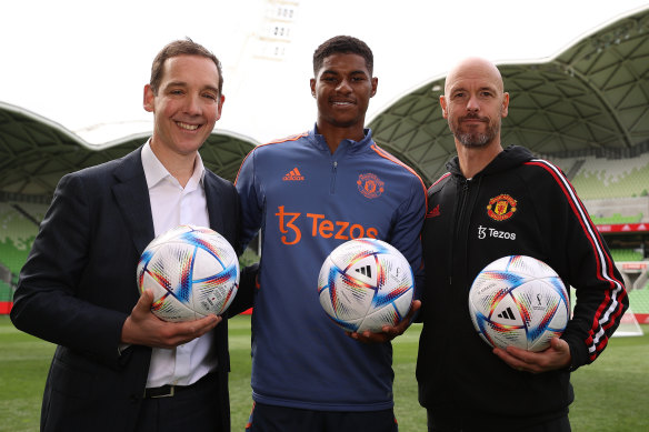 Victorian Sports Minister Steve Dimopoulos with Manchester United star Marcus Rashford and coach Erik ten Hag.