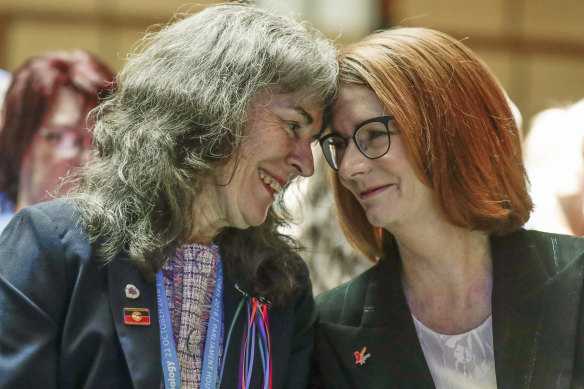 Campaigner Chrissie Foster and former prime minister Julia Gillard after the national apology to victims of institutional child sexual abuse. 