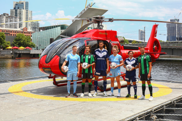 Ready to launch: (L-R) A-League and W-League stars Scott Jamieson (City), Alessandro Diamanti (Western United), Rudy Gestede (Victory), Jenna McCormick (City),  Lisa De Vanna (Victory) and Dylan Pierias (Western United).