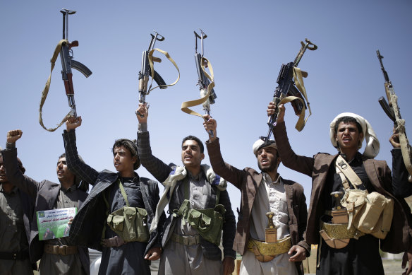 Shiite Houthi soliders in Sanaa, Yemen, said to be backed by Iran, are at war with Arab-backed forces.