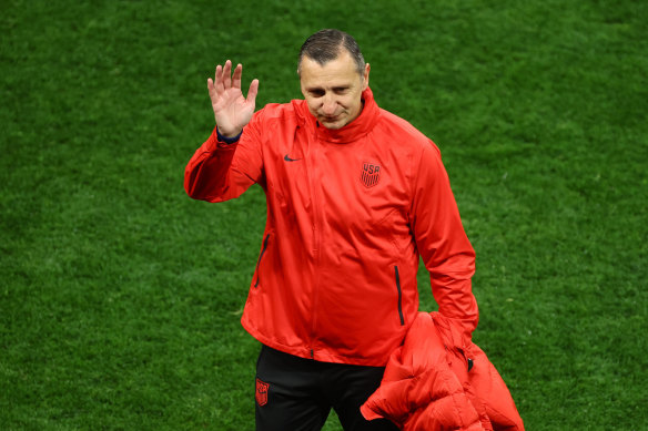 US coach Vlatko Andonovski waves after being knocked out of the World Cup.