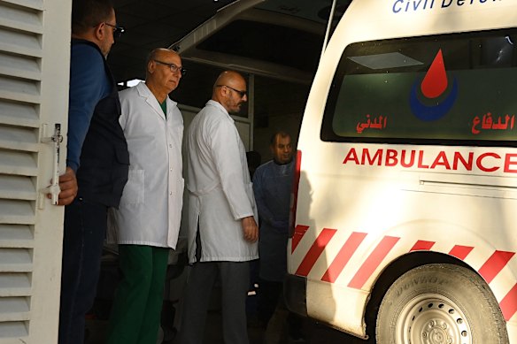 Medical director Dr Alchafii Fouani (right) at al-Najdah Hospital in Nabatiyeh, receiving patients injured in Israeli airstrikes.