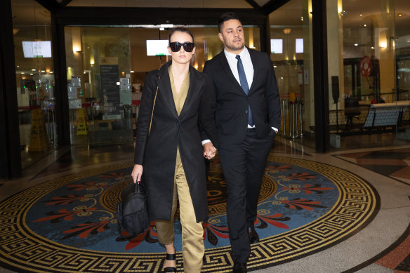 Jarryd Hayne leaves court with wife Amellia Bonicci last year.