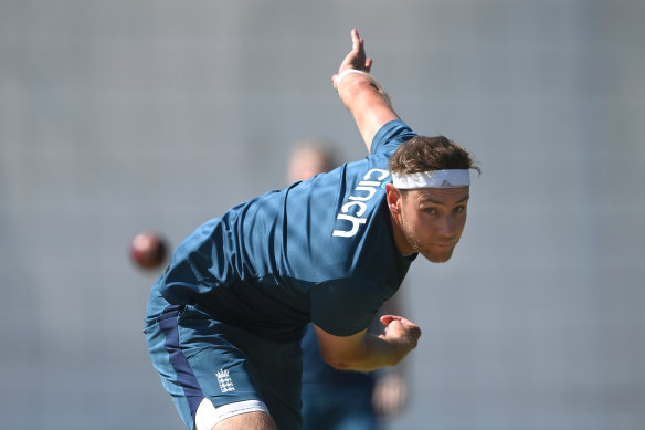 England player Stuart Broad in bowling action during an England nets session ahead of the first Ashes Test at Edgbaston.