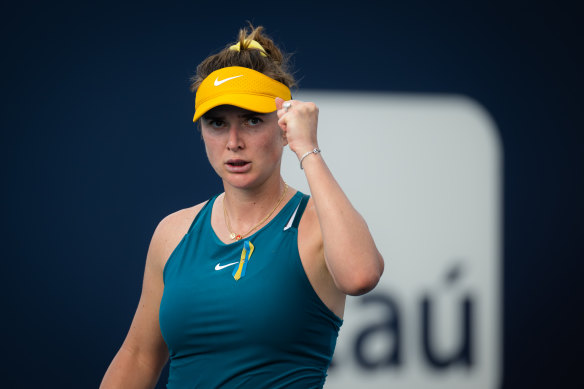 Elina Svitolina celebrates a point at the Miami Open just weeks after Russia’s invasion of her native Ukraine.