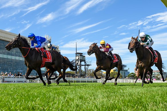 Craig Williams takes Pericles to victory in the Futurity Stakes at Caulfield on February 21.
