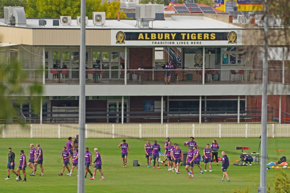 Melbourne Storm players training in Albury on Wednesday.