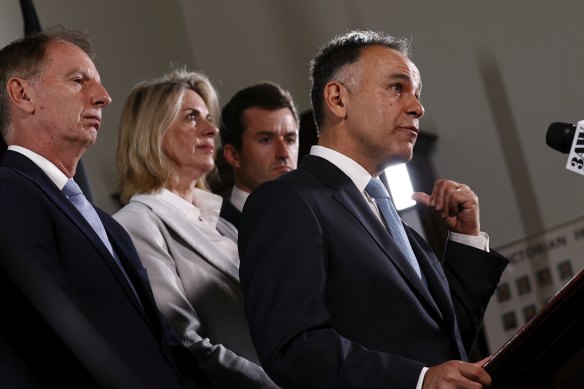 Opposition Leader John Pesutto, with his leadership team, addresses the media on Monday.