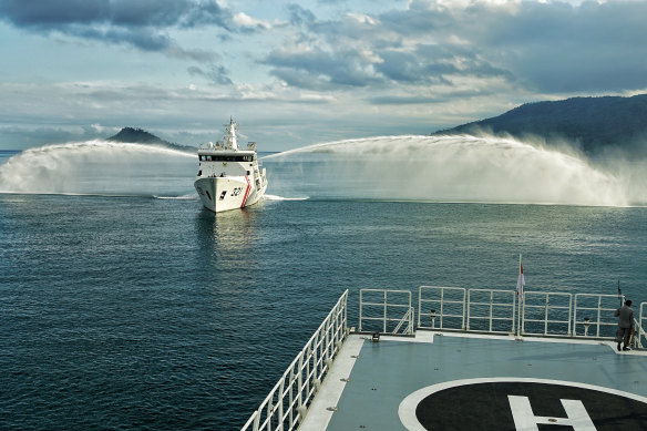 An Indonesian Bakamla patrol boat shows off its water cannon near the Natuna Islands.