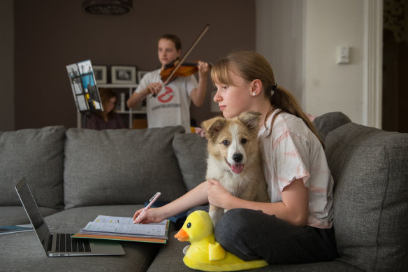 Abbie and Edie Halliday-Morris (with their mother, Claire Halliday working at rear) had a trial run of at-home schooling before their school closed last Friday.