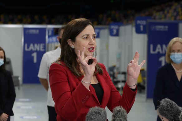 Premier Annastacia Palaszczukat the opening of a new vaccination hub at the Brisbane Entertainment Centre at Boondall this week.