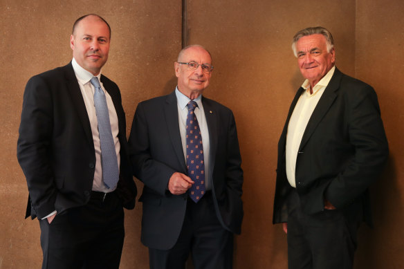 A surprise connection: Harry Frydenberg, centre, with his son, Josh Frydenberg, and Barrie Cassidy.