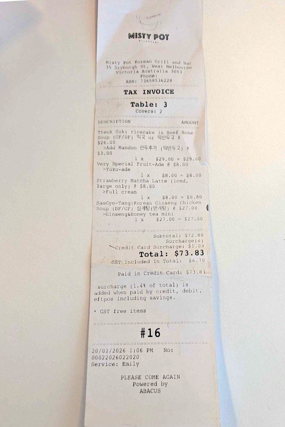 The bill: Soup sets at Misty Pot.