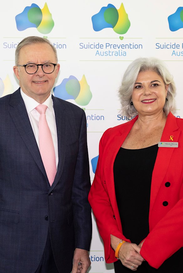 Prime Minister Anthony Albanese and Suicide Prevention Australia chief executive Nieves Murray who fears more people are suffering from cost-of-living and interest rate pressures.