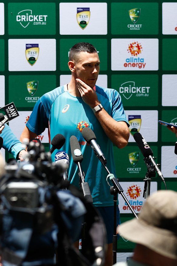 Scott Boland speaks to the media on Friday.