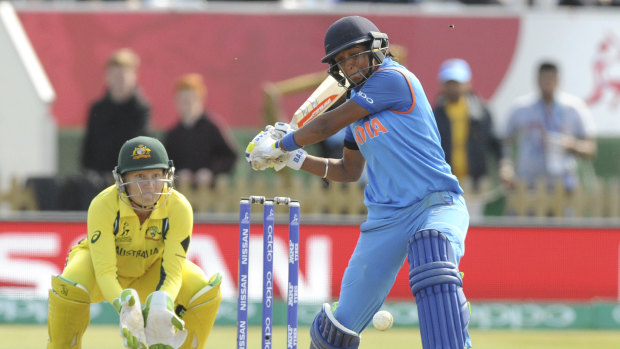 India's Harmanpreet Kaur plays a shot during the ICC Women's World Cup 2017 semi-final between Australia and India at County Ground in Derby, England.