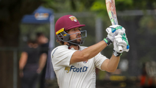 Joe Burns of the Bulls in action during day three of the Sheffield Shield cricket final between Queensland and Tasmania at the Allan Border Field in Brisbane on Sunday.