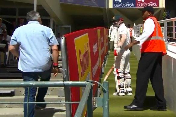 Stand off: David Warner turns back to face a crowd member giving the Australian vice-captain an earful. 