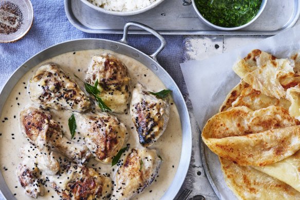 Serve this creamy, coconutty chicken curry with mint chutney, rice and roti.