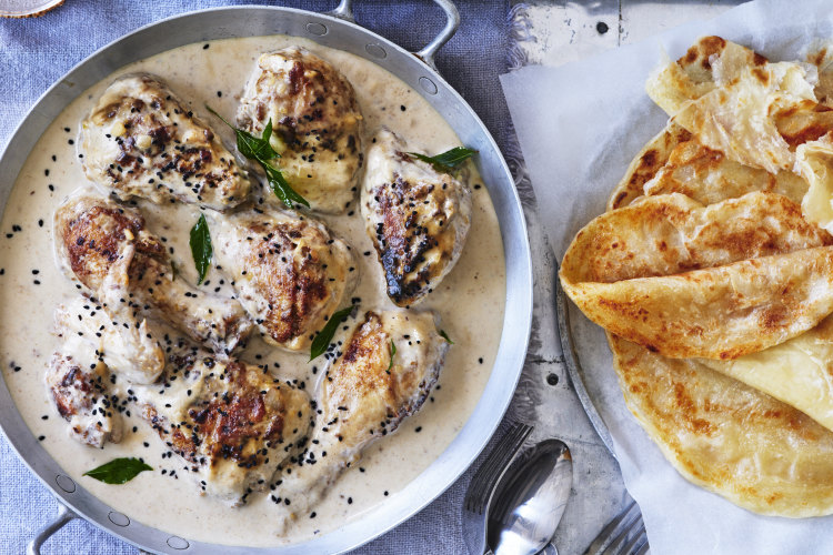 Karen Martini’s creamy, coconutty chicken curry with mint chutney, rice and roti.