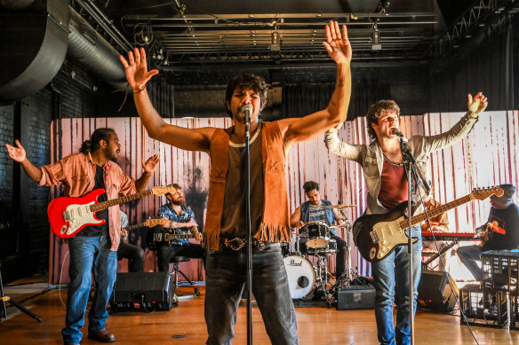 Baykkali Ganambarr, left, as Sammy Butcher, Taj Pigram, centre, as George Burarrwanga, and Jackson Peele as Neil Murray rehearse Big Name, No Blankets at the Malthouse ahead of their prisons tour. 