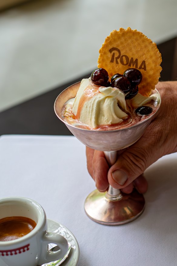 Fior di latte gelato with preserved Italian cherries.