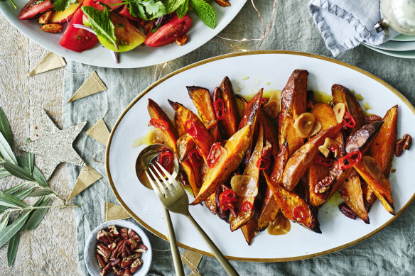 The roasted sweet potatoes are equally good served warm or cold