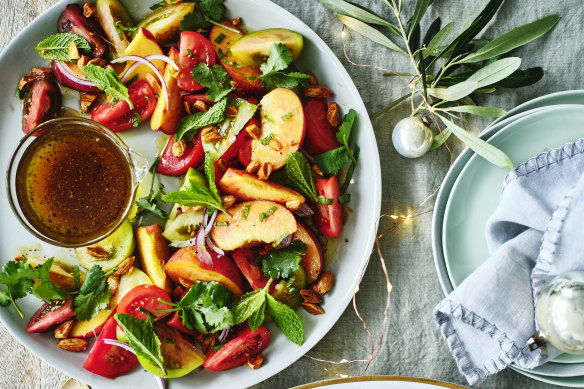 Julia Busuttil Nishimura’s heirloom tomato salad with peaches, mint and almonds.