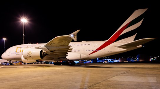 An Emirates A380 back on Brisbane soil on Tuesday night.