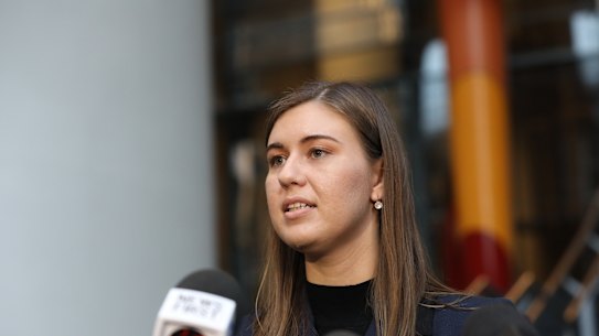 Former political staffer Brittany Higgins speaks to the media after meeting with Prime Minister Scott Morrison on April 30.