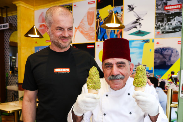 BuBooza co-founders David Isaac and ice-cream maker Abu Hassan at their outlet inside Sheer’s Shawarma Social Club in Concord.