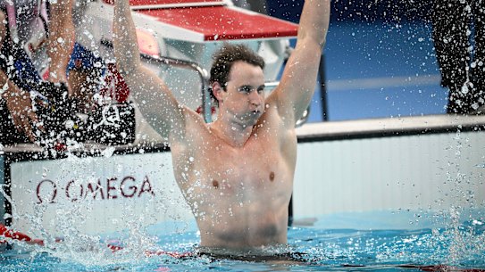 Australian Cam McEvoy celebrates after winning gold in the 50m freestyle at the Paris Olympics in August.