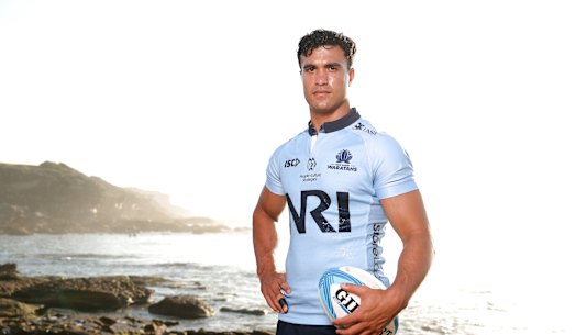  Joseph-Aukuso Suaalii of the Waratahs poses during the 2025 Super Rugby Season Launch at Little Bay Beach 