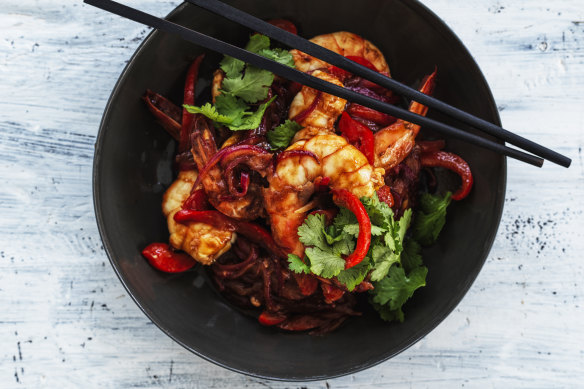 Neil Perry’s spicy tamarind prawns.