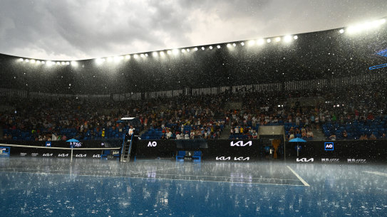 Rain delayed play during the match between Sorana Cirstea of Romania and Yulia Putintseva of Kazakhstan at the Australian Open on January 17, 2023.
