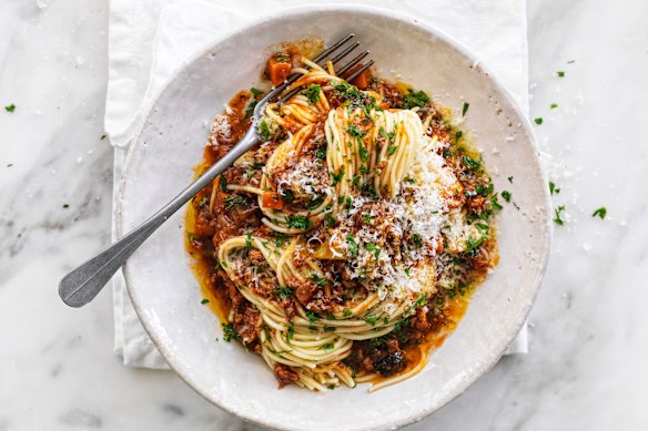 Adam Liaw's fifty-fifty bolognese uses the same weight of vegetables as meat.