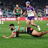 Alex Johnston goes over for the Rabbitohs.