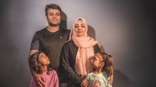 Nellab Hotaki Talash with her husband Malyar, an engineer, and daughters Mehla, left, and Marihan. Fleeing Afghanistan “was the only hope we had”, she says. Another 70 female judges have yet to escape, and remain in hiding.