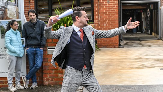 Auctioneer Mathew Marotta outside 6 Ann Street, Pascoe Vale. 