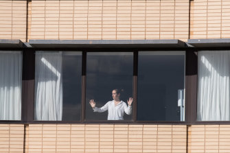 A guest in hotel quarantine at the Tullamarine Holiday Inn in April.