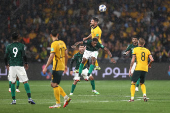 Mathew Leckie rises for a header during the stalemate with Saudi Arabia earlier this month.