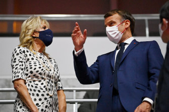US First Lady Jill Biden and French President Emmanuel Macron at the Olympics Opening Ceremony in Tokyo.