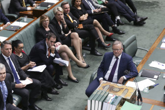 Opposition Leader Anthony Albanese and his frontbench during question time at Parliament House.